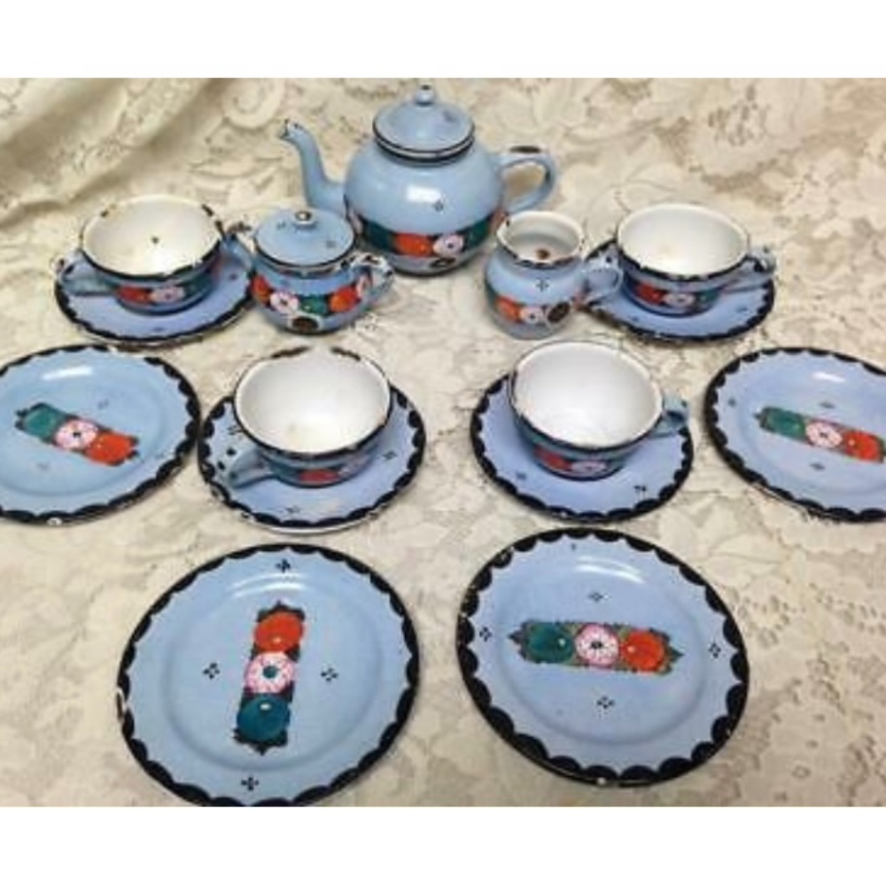 Antique,  Germany,  17-pc Blue Floral Child's Tea Set